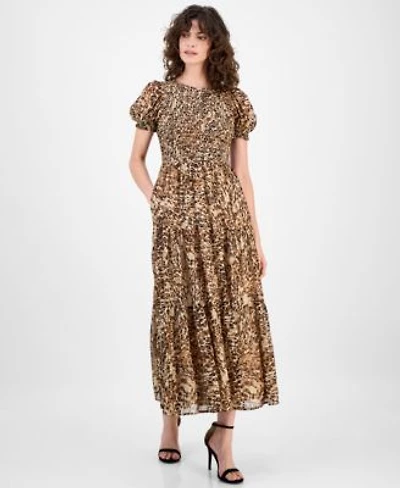 Anne Klein Womens Printed Smocked Puff Sleeve Chiffon Tiered Maxi Dress P Xxs Xxl