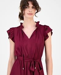 Anne Klein Women's Solid Tie-Waist Flutter-Sleeve Tiered Dress