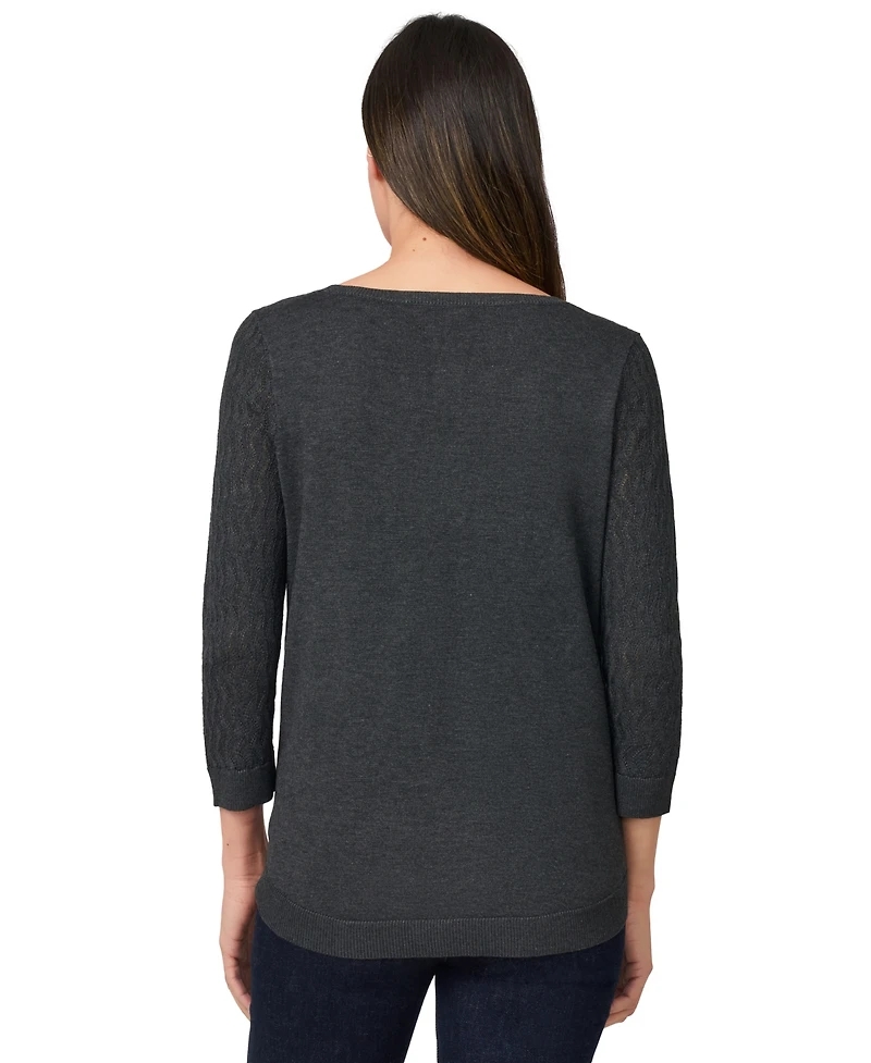 Melissa Paige Petite Pointelle-Yoke 3/4-Sleeve Sweater