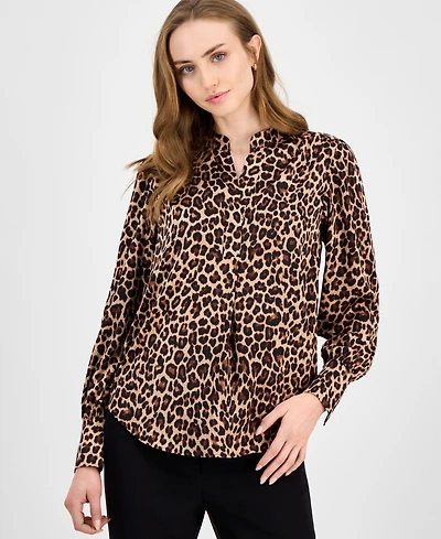 Anne Klein Women's Animal-Print Pleated V-Neck Blouse