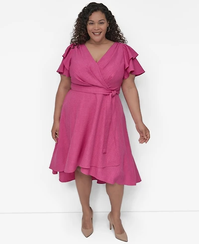 Dkny Plus Surplice Flutter-Sleeve Fit & Flare Dress