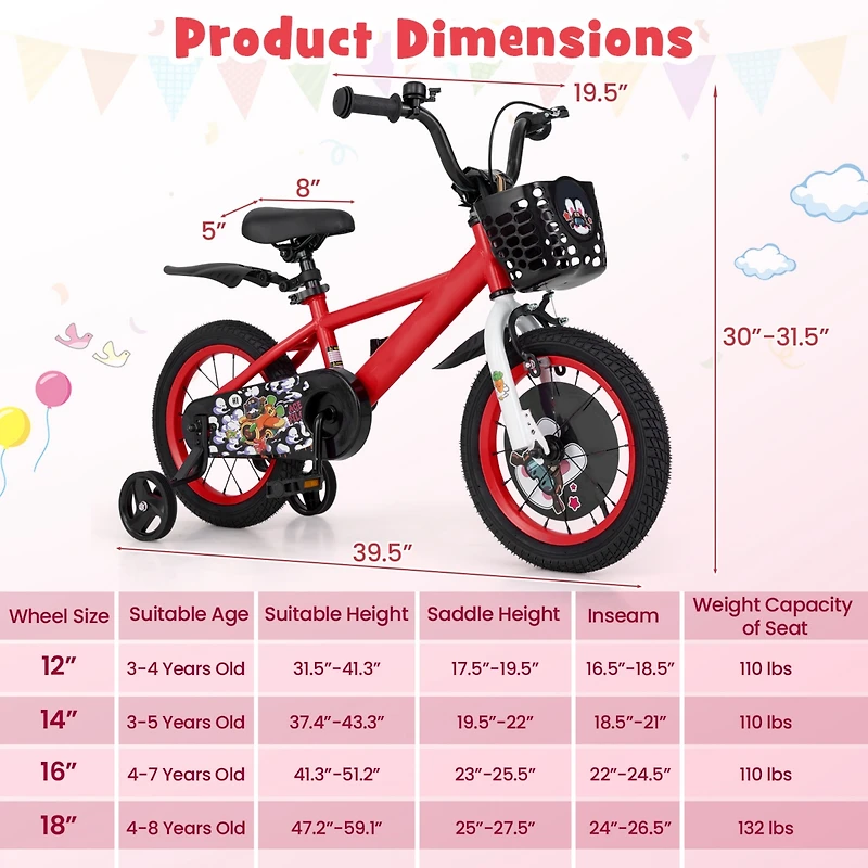 Kids Bike Adjustable with Storage Basket and Double Brake for 3-4 Years Old