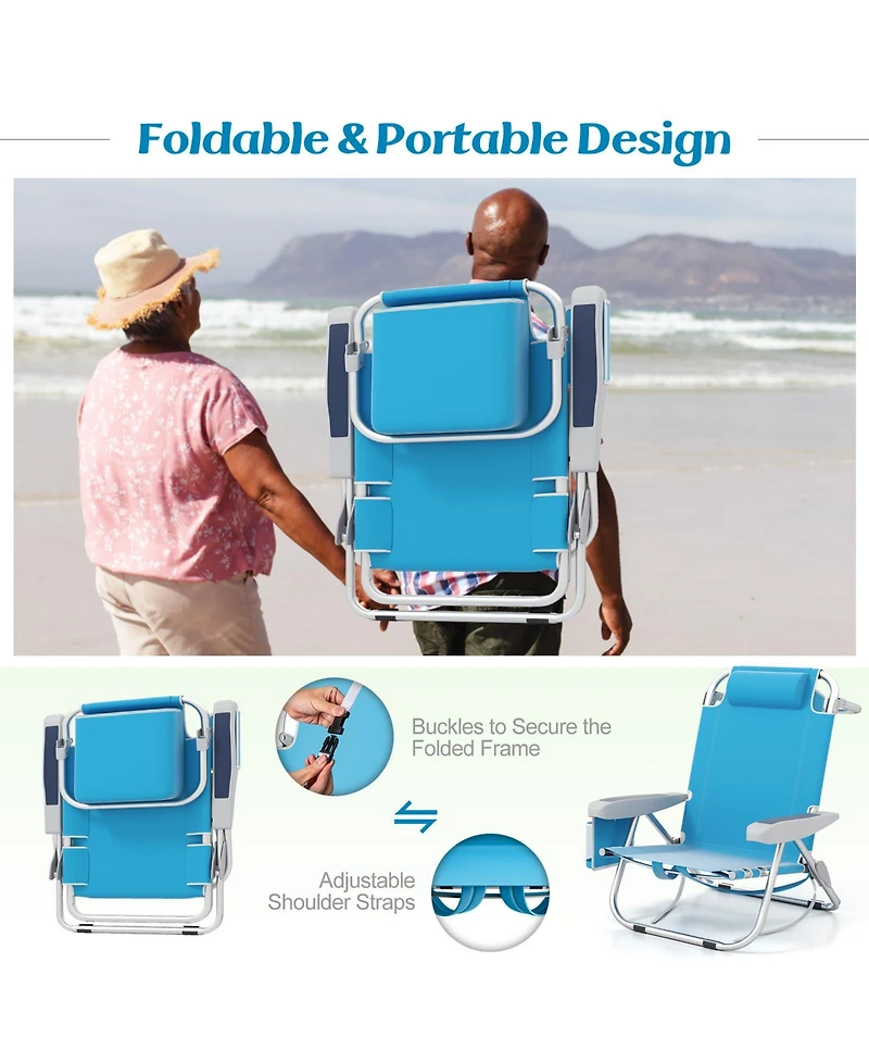 Foldable Backpack Beach Chair with Cup Holder and Storage Pockets for Outdoor