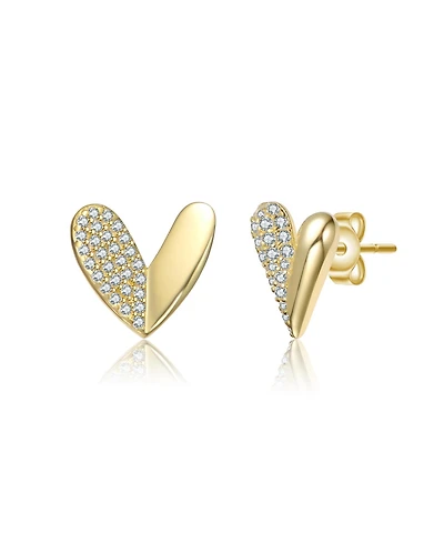 14K Gold Plated with Paved Clear Cubic Zirconia Heart Stud Earrings