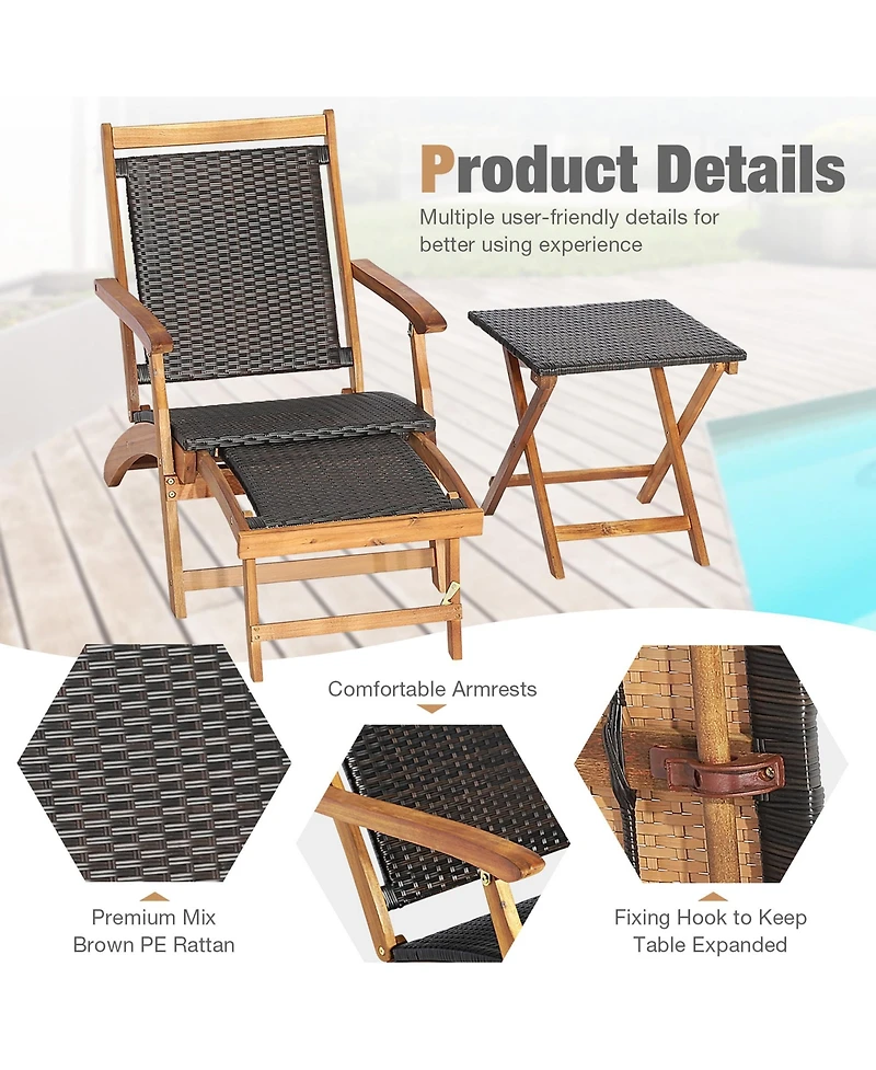 Gymax Patio Lounge Chair Set of 3 w/ Side Table Quick Folding Design Ottoman Outdoor