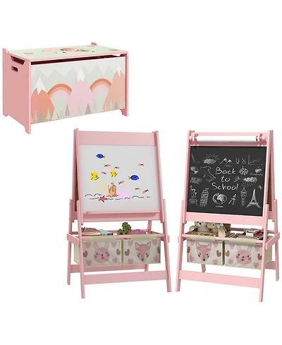 Qaba Toy Box with Lid and Kids Easel with Paper Roll, board board