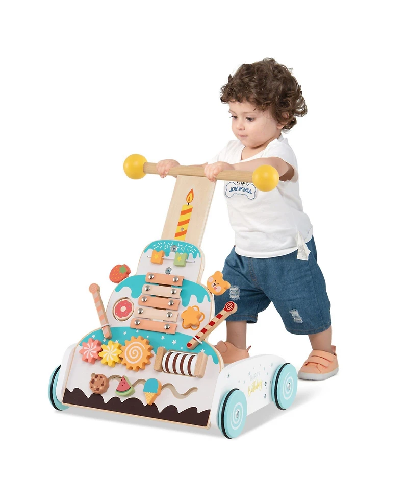 Slickblue Toddler Wooden Walker with Adjustable Heights and Smooth Wheels-White