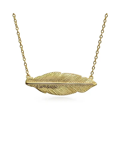 Bling Jewelry Native American Style Bohemian Boho Sideways Diagonal Feather Leaf Pendant Necklace Gold Plated .925 Sterling Silver