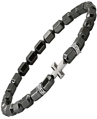 Steeltime Men's Sterling Silver Cross and Hematite Beaded Stretch Bracelet