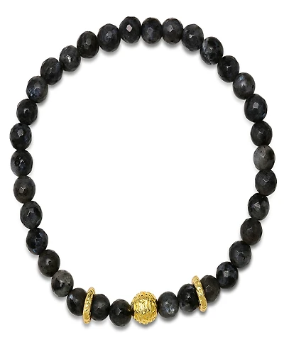 Steeltime Men's 14K Gold Plated Sterling Silver and Gray Agate Beaded Stretch Bracelet