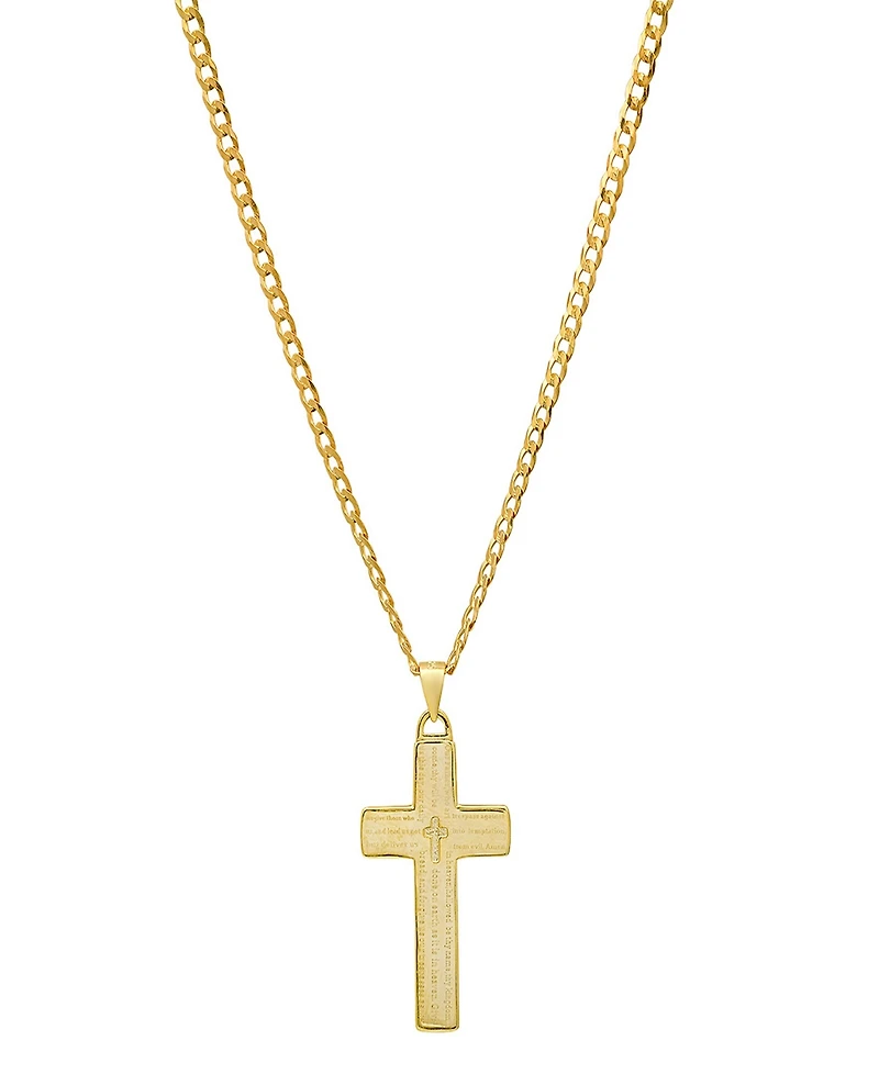 Steeltime Unisex 14K Gold Plated Sterling Silver Cuban Super Flat Chain and Lord's Prayer Cross Pendant Bracelet
