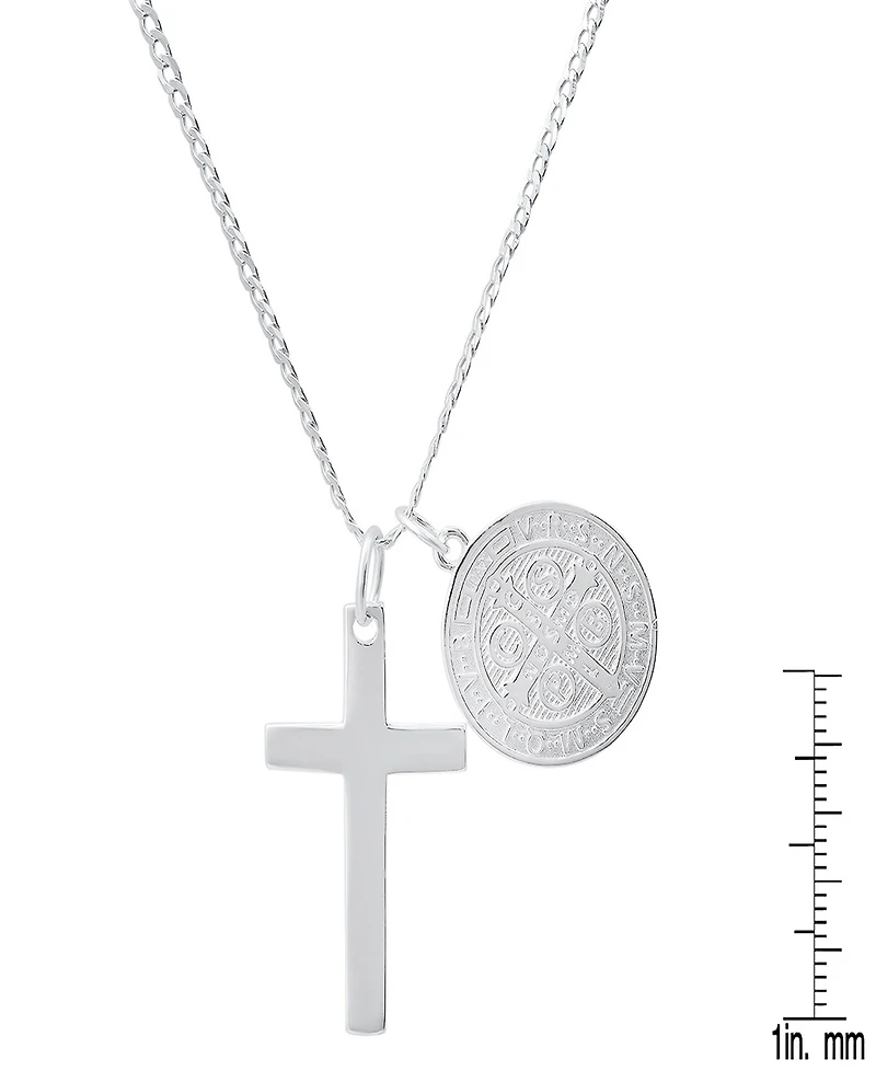 Steeltime Unisex Sterling Silver Cross and Round St. Benedict Pendant Necklace