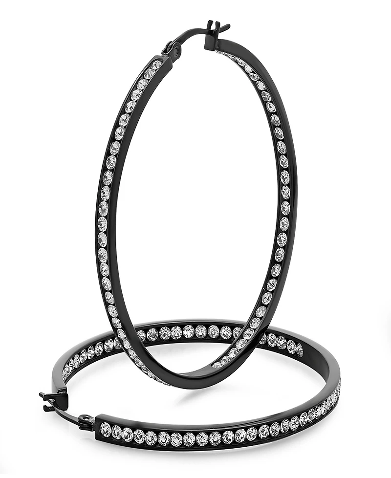 Steeltime Women's Stainless Steel and Out Simulated Diamond Hoop Earrings