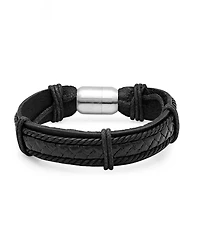 Steeltime Men's Genuine Black Leather Bracelet with Stainless Steel Magnetic Clasp