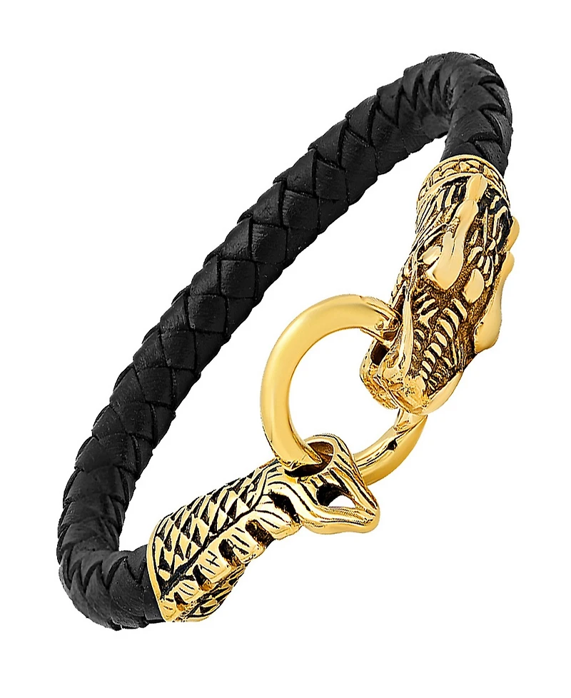Steeltime Genuine Leather Bracelet With 18K Gold-Plated Stainless-Steel Dragon Design