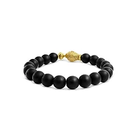 Bling Jewelry Spiritual Charm Bali Buddha Natural Black Onyx Stretch Bracelet Ball Bead Gold Plated