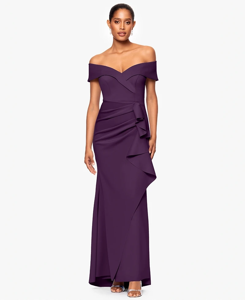 Xscape Scuba Off-The-Shoulder Gown