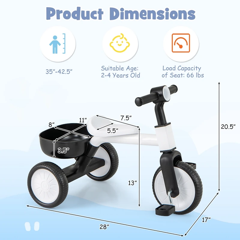 Toddler Convertible Trike with 86° Limited Steering Angle and Carbon Steel Frame
