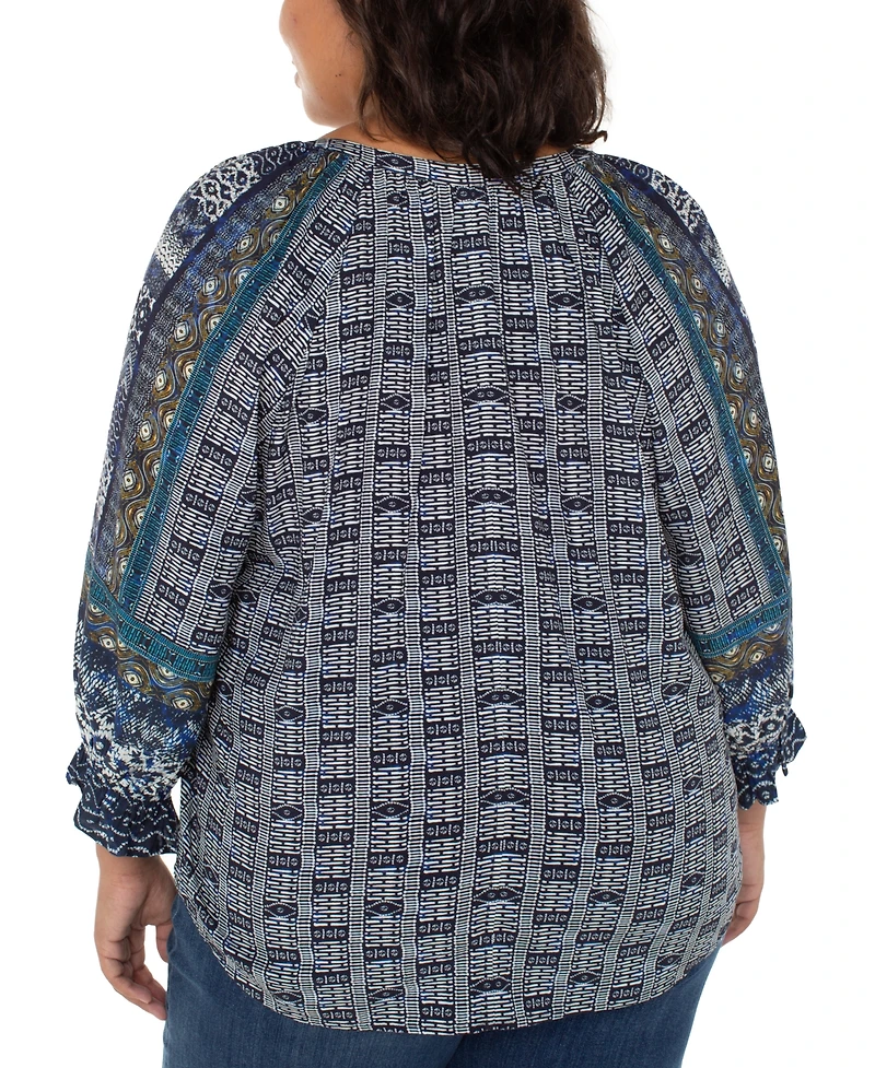Liverpool Los Angeles Plus Printed V-Neck Button-Front 3/4-Sleeve Blouse
