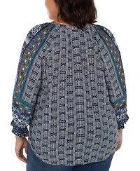 Liverpool Los Angeles Plus Printed V-Neck Button-Front 3/4-Sleeve Blouse