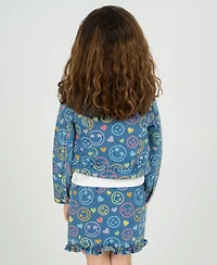 Rare Editions Little Girls 3-Piece Smiley Denim Jacket, Ruffle hem Skort, Crewneck T-Shirt Set