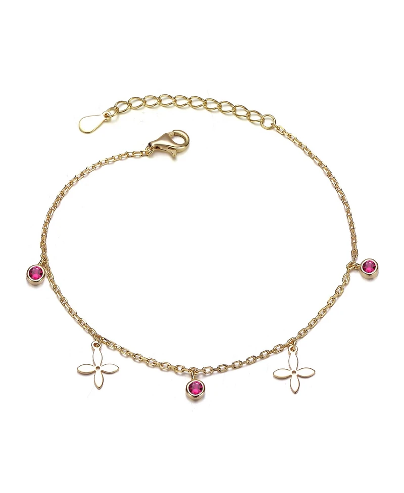 14K Gold Plated with Red Cubic Zirconia and Floral Charm Bracelet