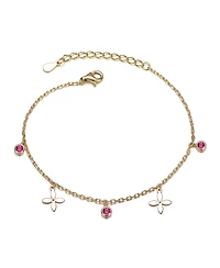 14K Gold Plated with Red Cubic Zirconia and Floral Charm Bracelet