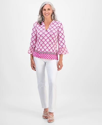 Jm Collection Petite Geometric-Print Split-Neck Top, Exclusively at Macy's