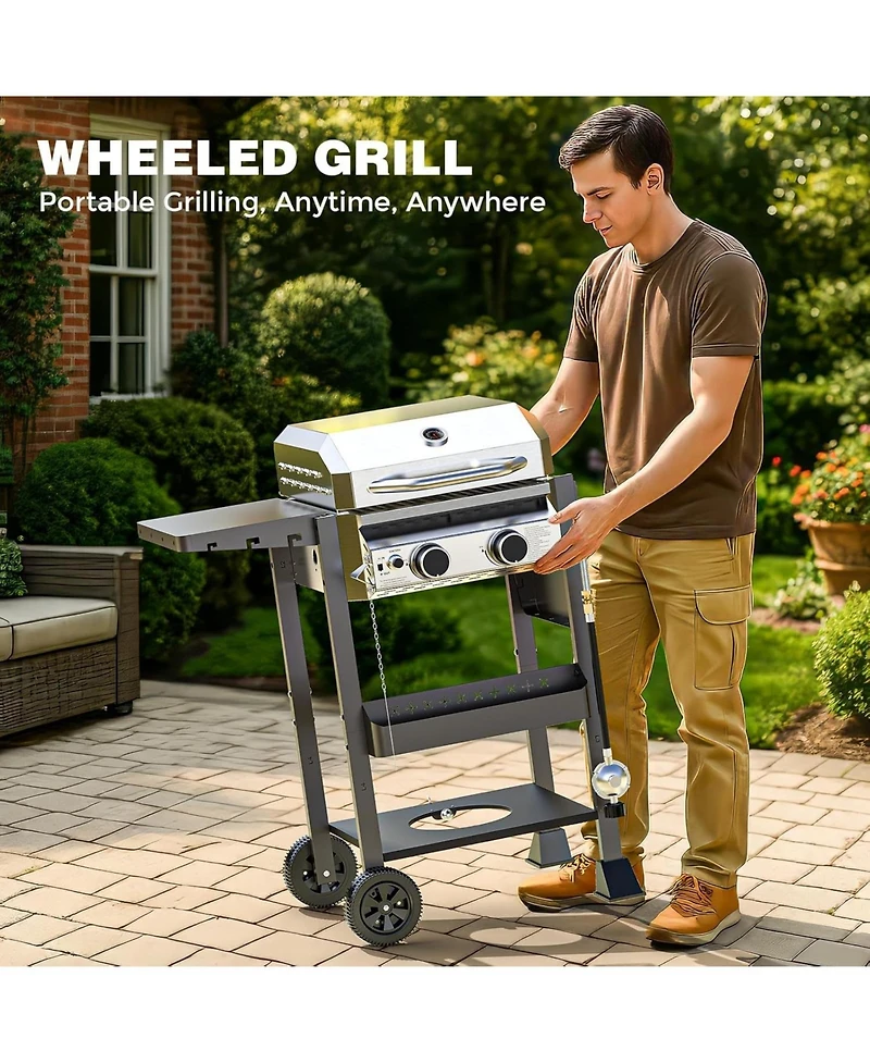 Cowsar 2-Burner Propane Gas Grill with Folding Side Tables,Stainless Steel 16,000 Btu Bbq Grill,Outdoor Grill for Barbecue,Patio,Camping