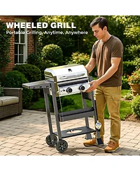 Cowsar 2-Burner Propane Gas Grill with Folding Side Tables,Stainless Steel 16,000 Btu Bbq Grill,Outdoor Grill for Barbecue,Patio,Camping