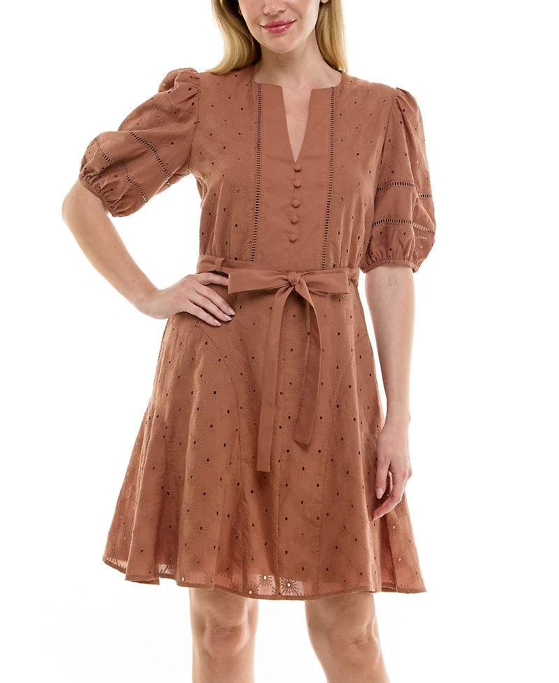 Taylor Petite Split-Neck Puff-Sleeve Fit & Flare Dress
