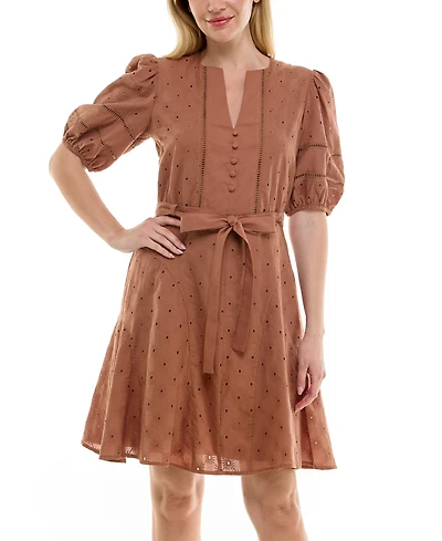 Taylor Petite Split-Neck Puff-Sleeve Fit & Flare Dress