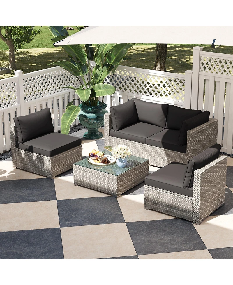 5-Piece Outdoor Patio Sectional Sofa Couch and Glass Coffee Table with Cushions