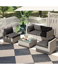 5-Piece Outdoor Patio Sectional Sofa Couch and Glass Coffee Table with Cushions