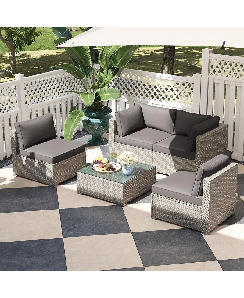 5-Piece Outdoor Patio Sectional Sofa Couch and Glass Coffee Table with Cushions