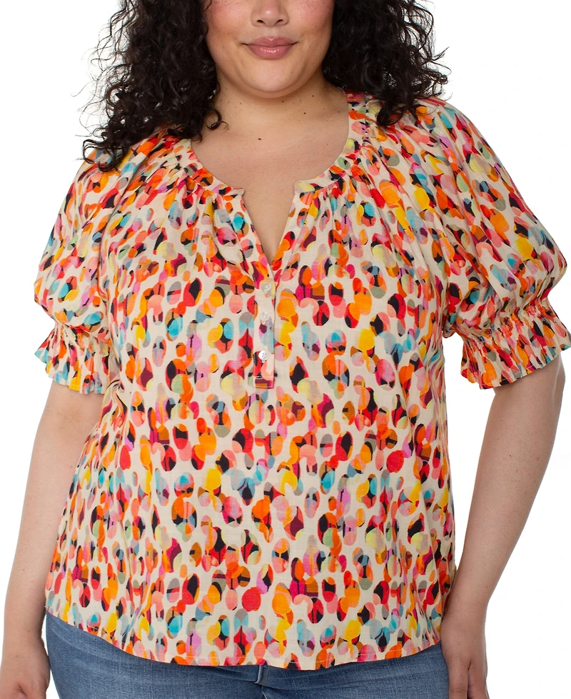Liverpool Los Angeles Plus Size Printed Puff-Sleeve Blouse