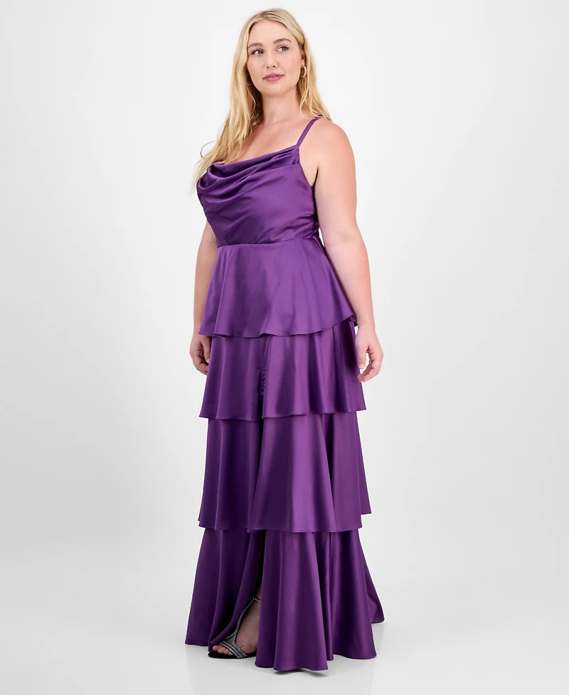 City Studios Trendy Plus Cowl-Neck Tiered Satin Gown