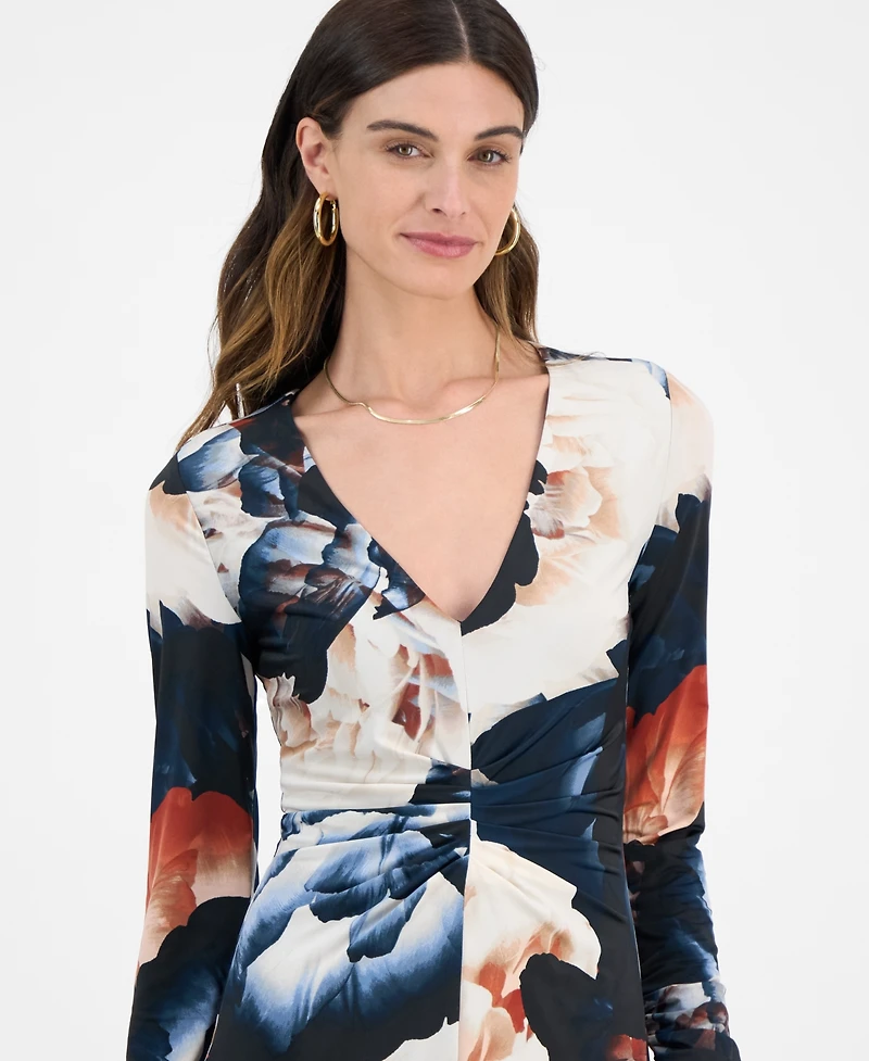 14th Place Juniors' Long-Sleeve Floral-Print Ruched-Front Dress