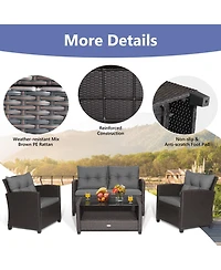 4 Pieces Patio Rattan Conversation Furniture Set with Glass Top Coffee Table