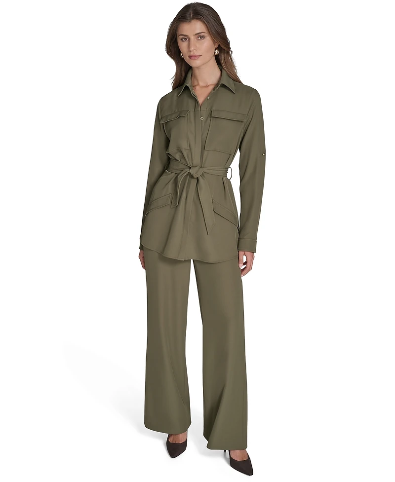 Halston Women's Soft Suiting Belted Utility Shirt