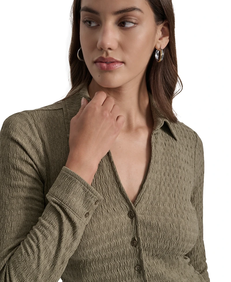 Dkny Jeans Women's Textured Collared Button-Front Top