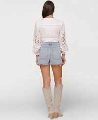 Avec Les Filles Women's Crochet-Front Denim Cutoff Shorts