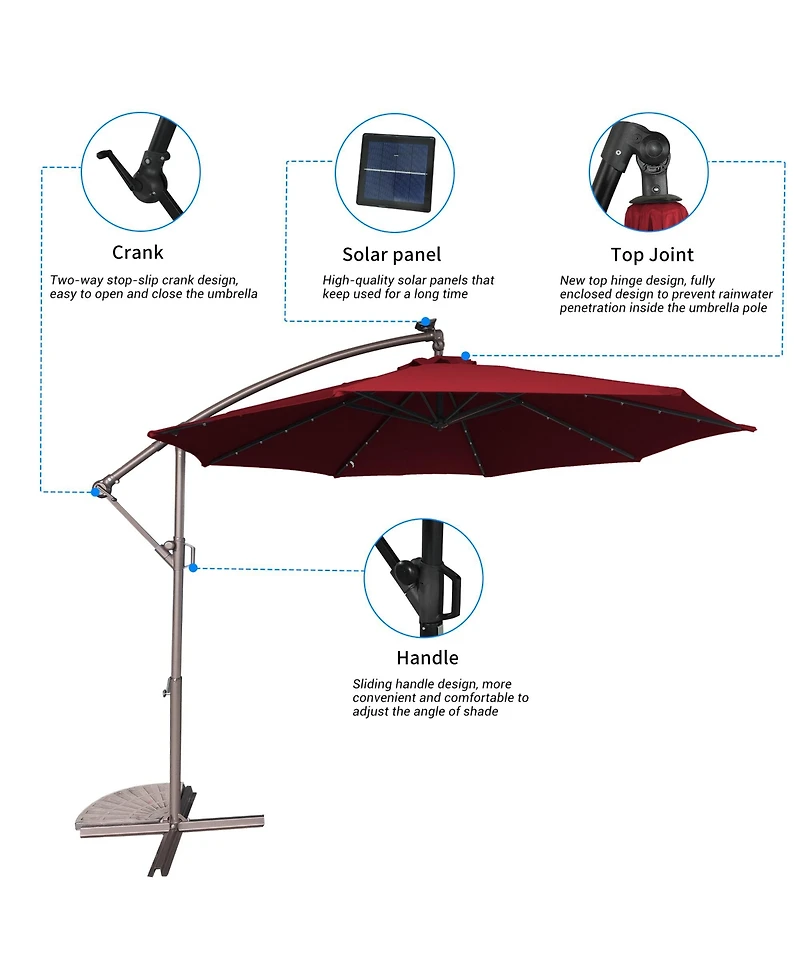 10 Ft Cantilever Patio Umbrella with Lights Offset Crank Large Outdoor Pool