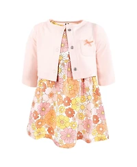 Hudson Baby Girls Cotton Dress And Cardigan Set, Peach Love Flowers