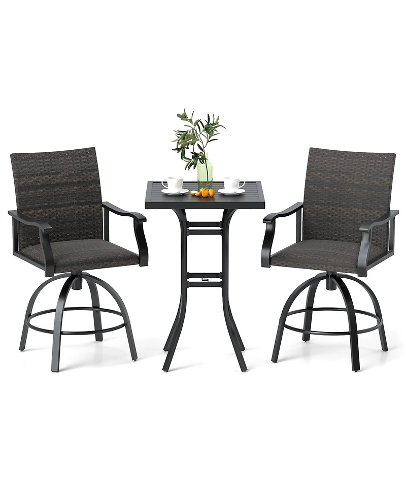 3 Pieces Pe Wicker Patio Swivel Bar Set with Quick-Drying Foam