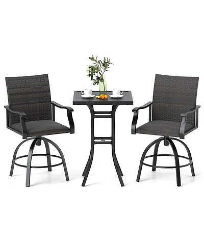 3 Pieces Pe Wicker Patio Swivel Bar Set with Quick-Drying Foam