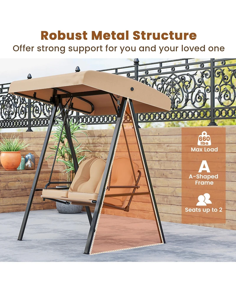 2-Person Outdoor Porch Swing with A-Shaped Metal Stand and Adjustable Canopy
