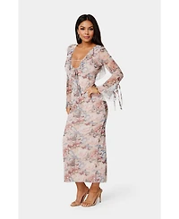 Bebe Women's Long Sleeve Ruffle Neck Maxi Dress