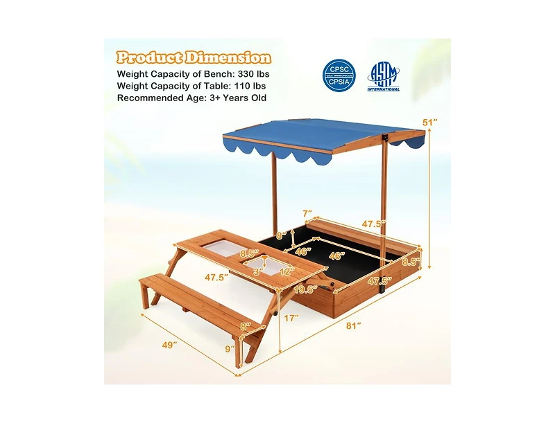 Slickblue Kids Wooden Sand Box with Foldable Picnic Sensory Table and Bench
