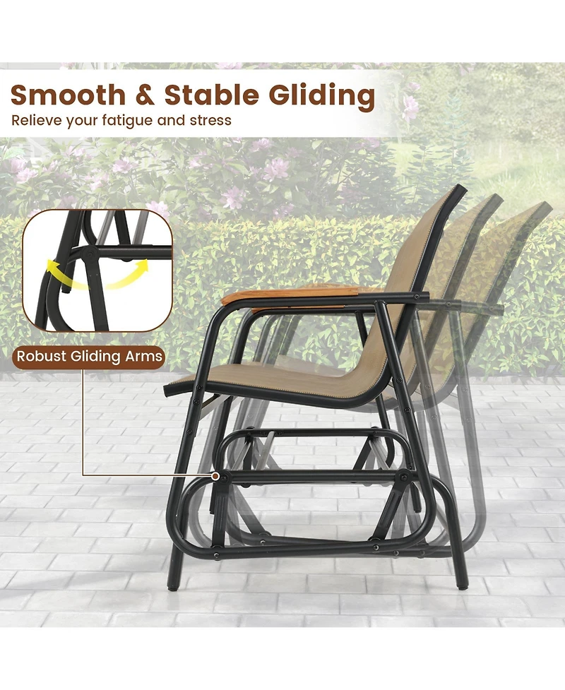 Slickblue Patio Glider Bench with Curved Teak Armrests and Breathable Fabric Seat for 2 People